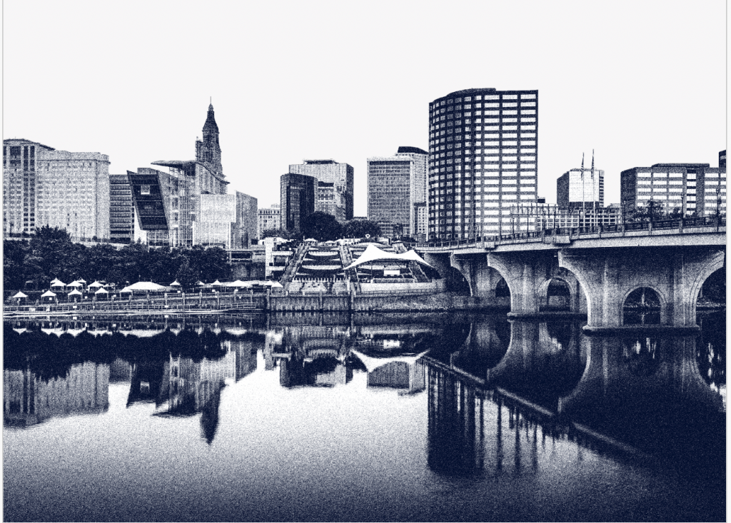 Dark theme presentation template, black and white photo of city scape
